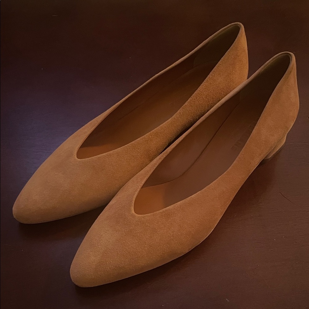Everlane mustard suede block heels